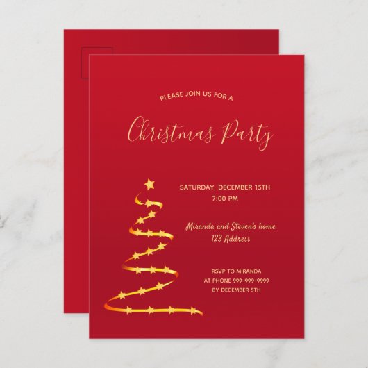 Kerstfeest uitnodiging rode gouden moderne boom (Voorkant / Achterkant)