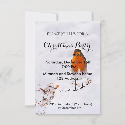 Kerstfeest uitnodigingskaart schattige roodborst i kaart (Voorkant)