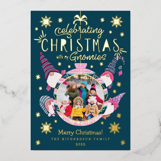 Kerstfeest vieren met foto's van mijn gnomen folie feestdagenkaart (Voorkant)