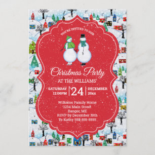 Kerstfeest Village Snowmen Couple Schaats Red Kaart