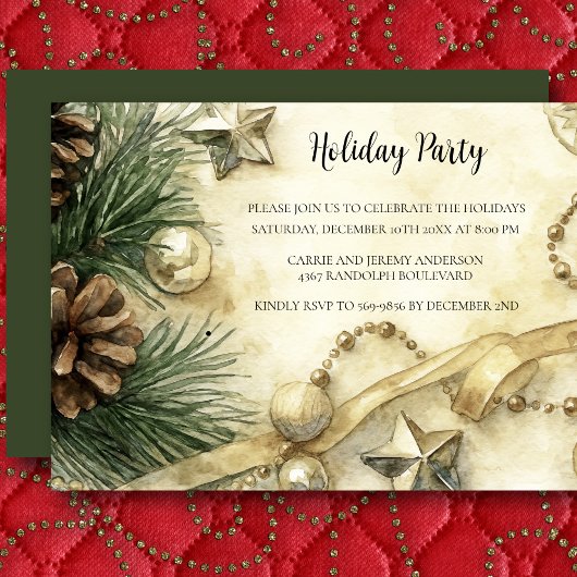 Kerstfeest Watercolor Uitnodiging Denneappel Goud
