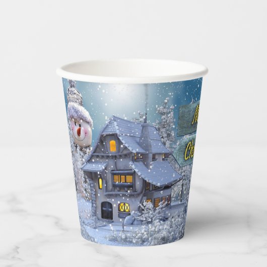Kerstfeest Winter White Snowman Blue Rustic Papieren Bekers (Voorkant)
