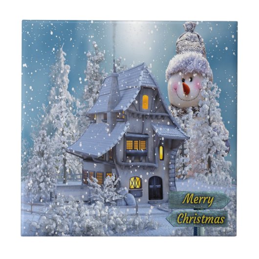 Kerstfeest Winter White Snowman Blue Rustic Tegeltje (Voorkant)
