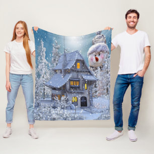 Kerstfeest Winter Witte Sneeuwman Blauw Rustiek Fleece Deken
