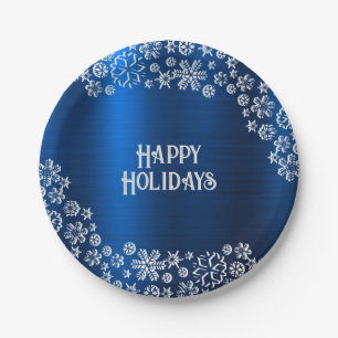 Kerstfeest Wit Sneeuwvlokken Navy Blauw Papieren Bordje