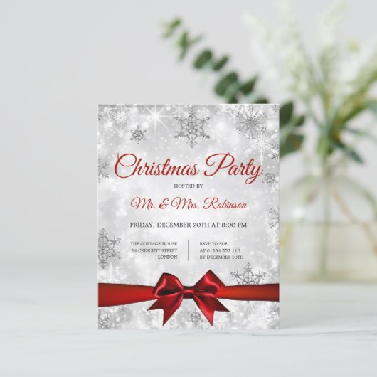 Kerstfeest Zilveren Winter Sparkle Rood Lint (Staand voorkant)