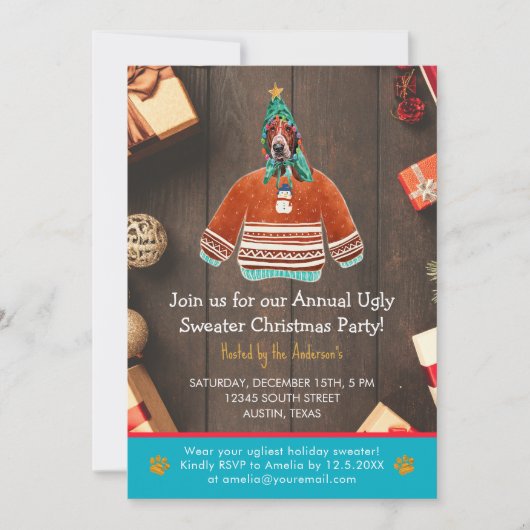Kerstfeestdag Basset Hond Ugly Sweater Party Kaart (Voorkant)