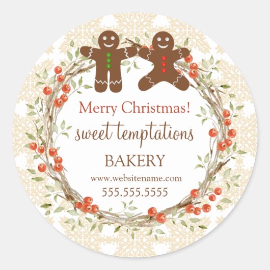 Kerstfeestdag Berry Wreath Gingerbrood Mannen Ronde Sticker (Voorkant)