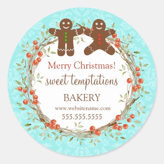 Kerstfeestdag Berry Wreath Gingerbrood Mannen Ronde Sticker (Voorkant)
