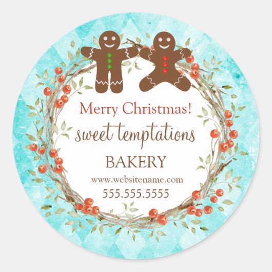Kerstfeestdag Berry Wreath Gingerbrood Mannen Ronde Sticker (Voorkant)
