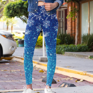 Kerstfeestdag blauw glitter sneeuwvlokken leggings