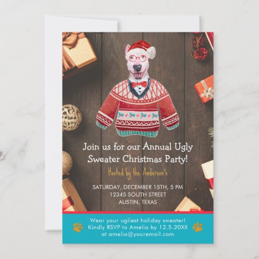Kerstfeestdag Bull Terrier Ugly Sweater Party Kaart (Voorkant)