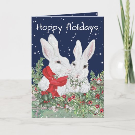 Kerstfeestdag Bunny Rabbit Greenery Cute Feestdagen Kaart (Voorkant)