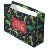 Kerstfeestdag Dinosaur Gift Bag Groot Cadeauzakje (Voorkant Gekanteld)