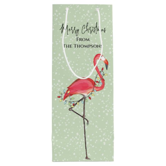 Kerstfeestdag groene roze flamingsneeuwverkuis wijn cadeautas (Achterkant)