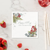 Kerstfeestdag Holly Berries Greenery Silver Servet (Insitu)