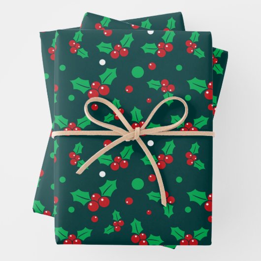 Kerstfeestdag Holly Berry Mistletoe Pattern Inpakpapier Vel (In situ)