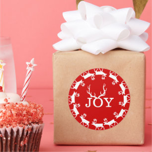 Kerstfeestdag in Red and White Joy Deer Antler Ronde Sticker