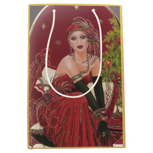 kerstfeestdag met Retro Art Deco Woman Medium Cadeauzakje (Voorkant)