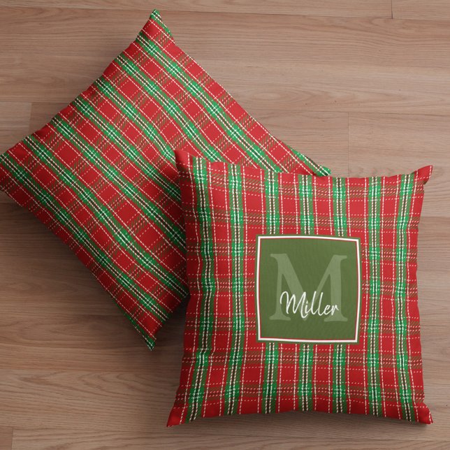 kerstfeestdag met roestvrij monogram groene feestd kussen (Red and green monogram plaid throw pillow. )