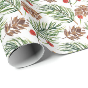 kerstfeestdag met Waterverf Pine Cones Branch Holi Cadeaupapier