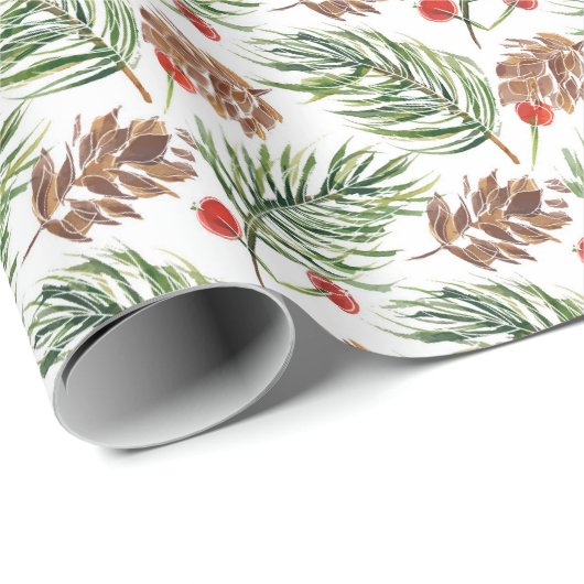 kerstfeestdag met Waterverf Pine Cones Branch Holi Cadeaupapier (Rol Hoek)