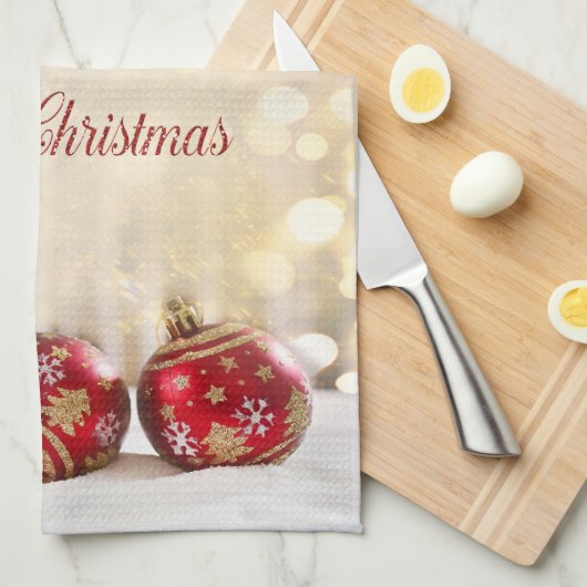 Kerstfeestdag - Rood kerstfeest Balls Bokeh Theedoek (Quarter Fold)