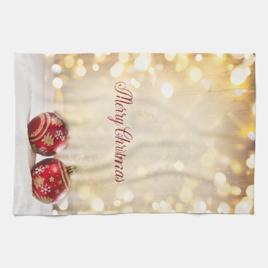 Kerstfeestdag - Rood kerstfeest Balls Bokeh Theedoek (Horizontaal)