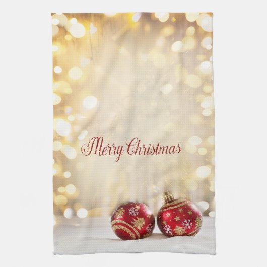 Kerstfeestdag - Rood kerstfeest Balls Bokeh Theedoek (Verticaal)