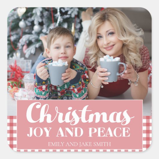 Kerstfeestdag rood wit Gingham Joy Peace Vierkante Sticker (Voorkant)