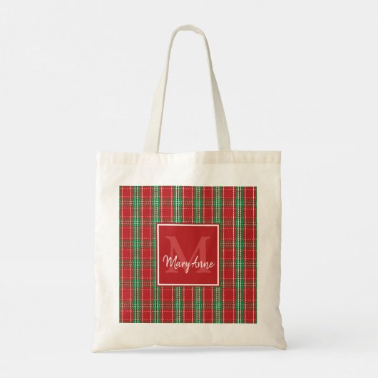 Kerstfeestdag, roodbruin monogram tote bag (Achterkant)