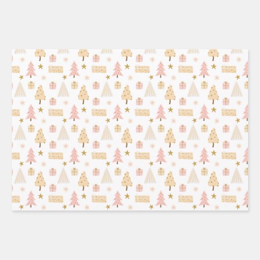 Kerstfeestdag roze roze bomen en cadeautjes inpakpapier vel (Voorkant 3)