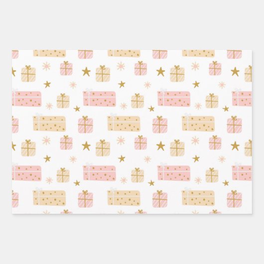 Kerstfeestdag roze roze bomen en cadeautjes inpakpapier vel (Voorkant)