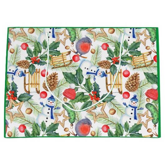kerstfeestdag snowman, pijnbomen, Holly Groot Cadeauzakje (Voorkant)