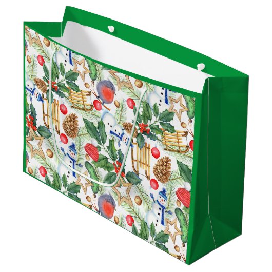 kerstfeestdag snowman, pijnbomen, Holly Groot Cadeauzakje (Voorkant Gekanteld)