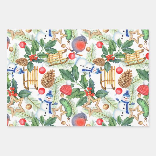kerstfeestdag snowman, pijnbomen, Holly Inpakpapier Vel (Voorkant)