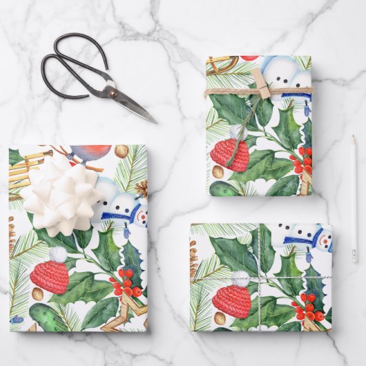 kerstfeestdag snowman, pijnbomen, Holly Inpakpapier Vel (Voorkant)