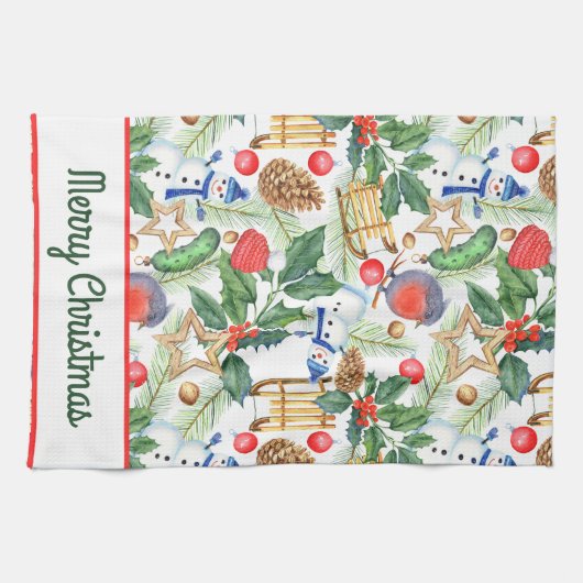 kerstfeestdag snowman, pijnbomen, Holly Theedoek (Horizontaal)