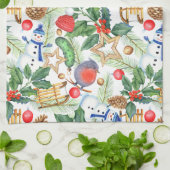 kerstfeestdag snowman, pijnbomen, Holly Theedoek (Gevouwen)