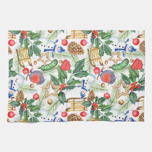 kerstfeestdag snowman, pijnbomen, Holly Theedoek (Horizontaal)