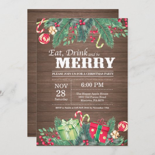 Kerstfeestdag Uitnodiging Rustisch hout (Voorkant / Achterkant)