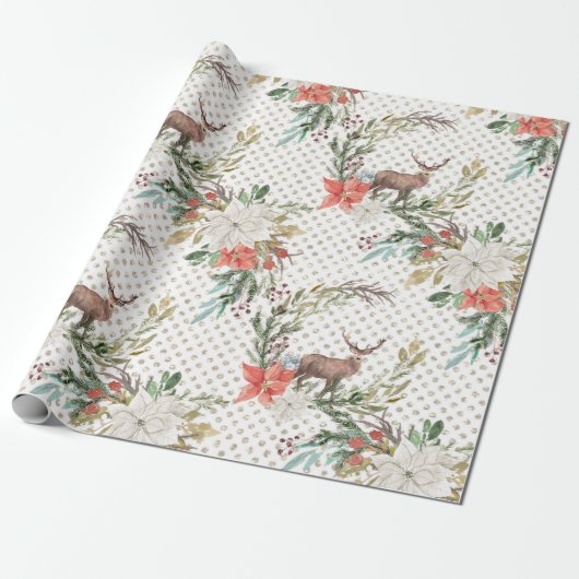 Kerstfeestdag - Waterverf Deer & Pointsettia2 Cadeaupapier (Uitgerold)