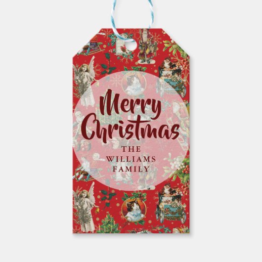 kerstfeestelijke rode familienaam cadeaulabel (Voorkant)