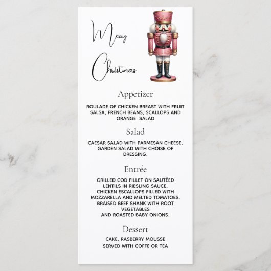 Kerstfeestnotenkraker roze dinermenu menu (Voorkant)