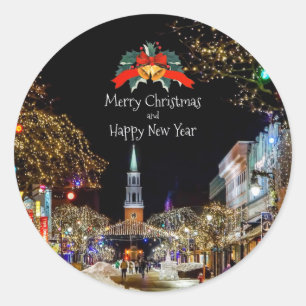 Kerstfeestvieren, felle lichten en blaasjes ronde sticker
