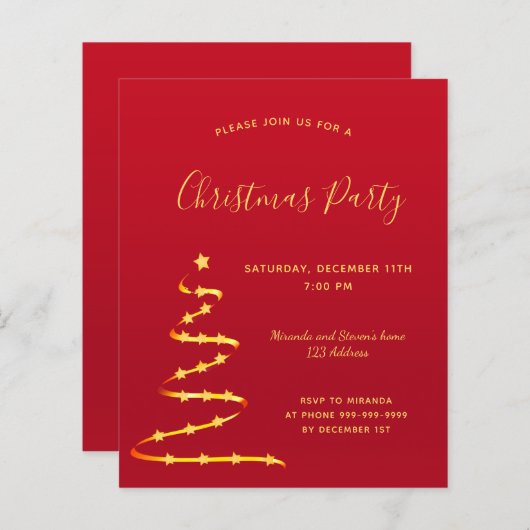Kerstfeestviering uitnodiging in rood goud modern (Voorkant / Achterkant)
