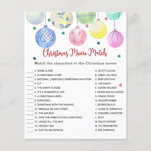 Kerstfilm Match Game Kaart Flyer (Voorkant)