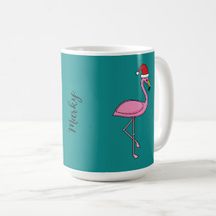Kerstflamingo met kerstmuts Naam toevoegen Koffiemok