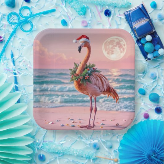 Kerstflamingo op het roze strand papieren bordje (Feest)