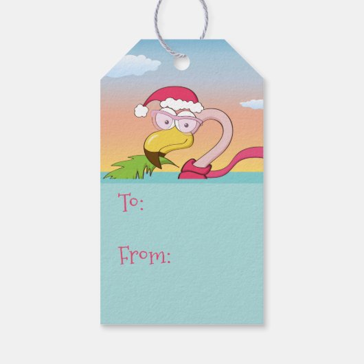 Kerstflamingo op het strand Schattigee Grappige Ca Cadeaulabel (Achterkant)